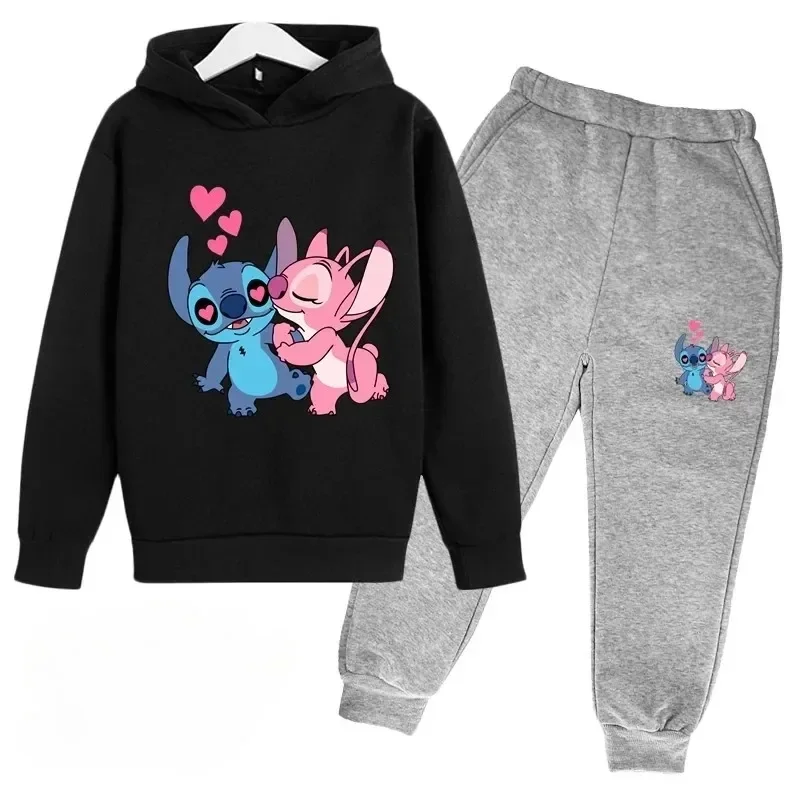 thumbnail image 1 of Conjunto de 2 piezas de sudadera y pantalones con estampado de dibujos animados de Disney Stitch para niños de 3 a 14 años, ropa deportiva informal para niños y niñas, 1 of 5