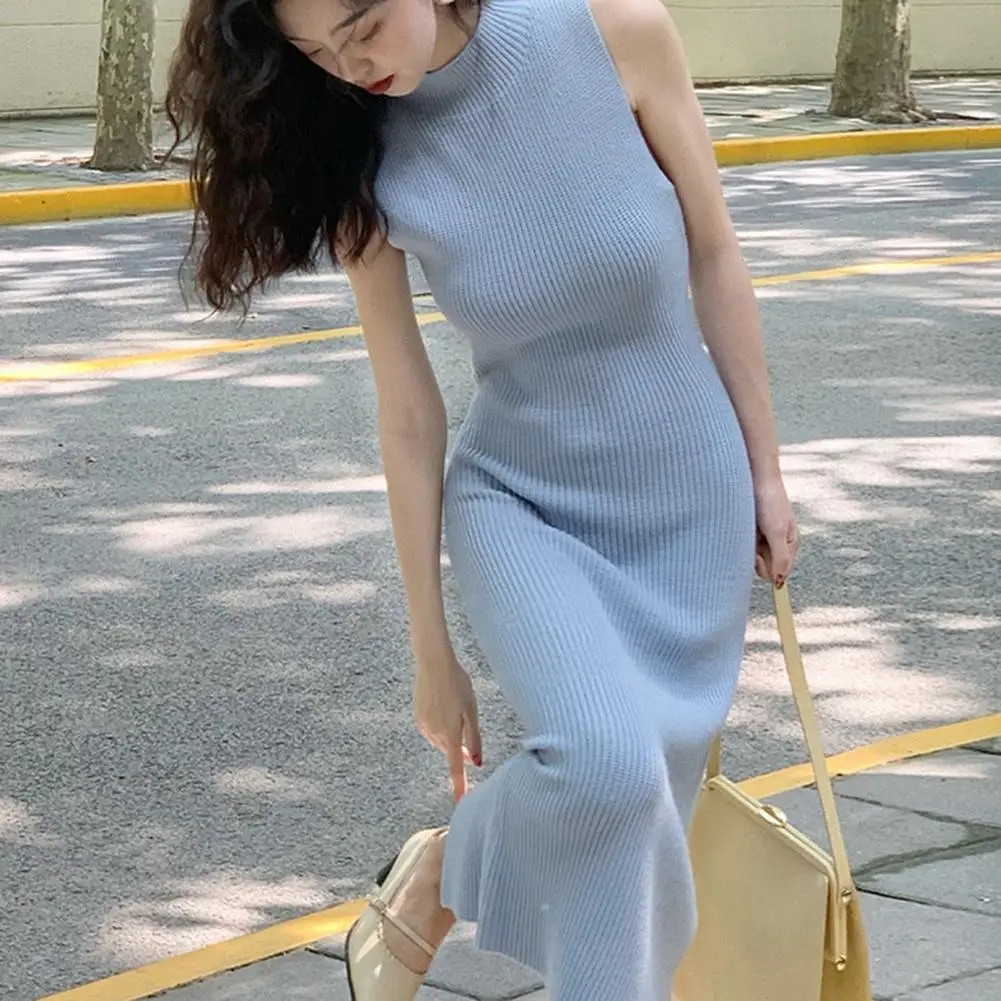 

High-waist Dress Elegant Women's High-waist Knitted Dress Set Half Turtleneck Long Sleeves Slim Fit for Evening for Women