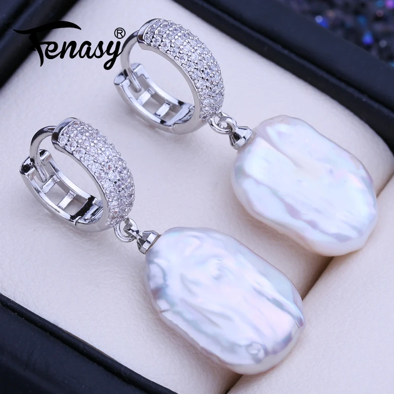 FENASY Natural Freshwater Big Baroque Pearl Drop Earrings For Women 925 Sterling Silver Fashion Wedding Jewelry Birthday Gift