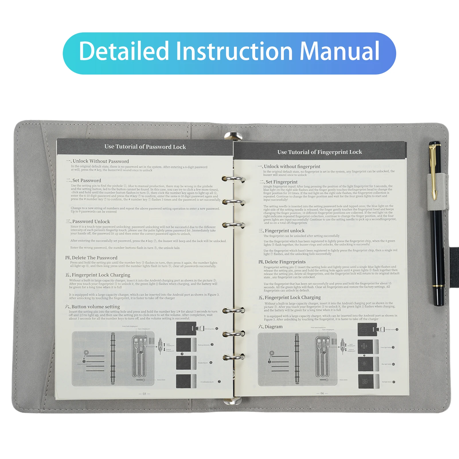 Cahier en cuir A5 avec verrouillage par empreinte digitale, clé USB haute vitesse de 16 Go, licence de journal doublée, classeur à 6 anneaux de 100 pages, 4 cartes
