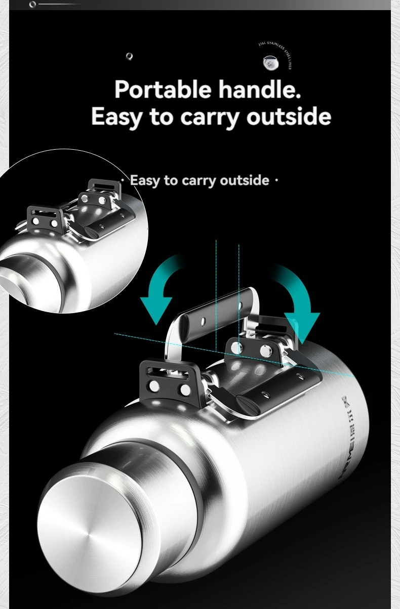 2L/3L Thermos Water Bottle Insulated Hydro Flask With Folding Handle Stainless Steel Outdoor Sports Bottle Hot Water Bottle