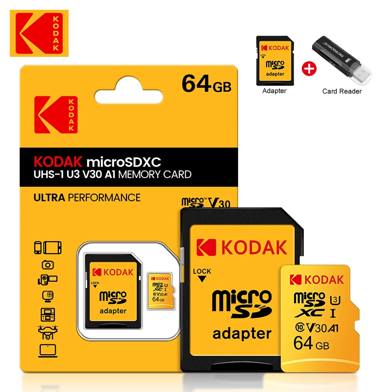 Kodak Ʈ UHS-1 A1 ޸ ī, Ŭ 10 ÷ ̺ ī  ī , 32GB, 64GB, 128GB, 256GB, 100 MB/s
