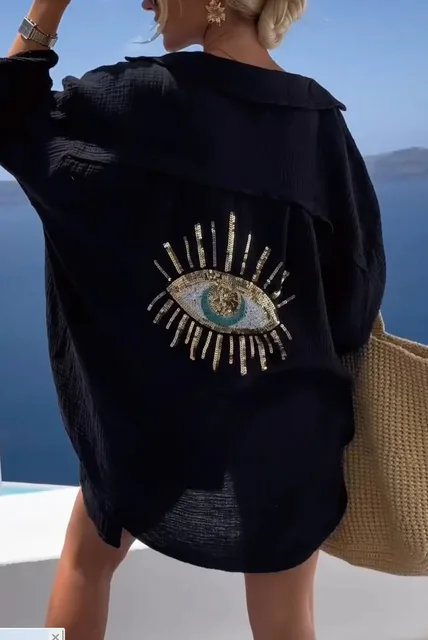 Evil Eye Casual Shirt Womens Fashion Beach Style Loose Button Sunscreen  Cotton Linen Shirt Dress Summer Casual Women Top - AliExpress