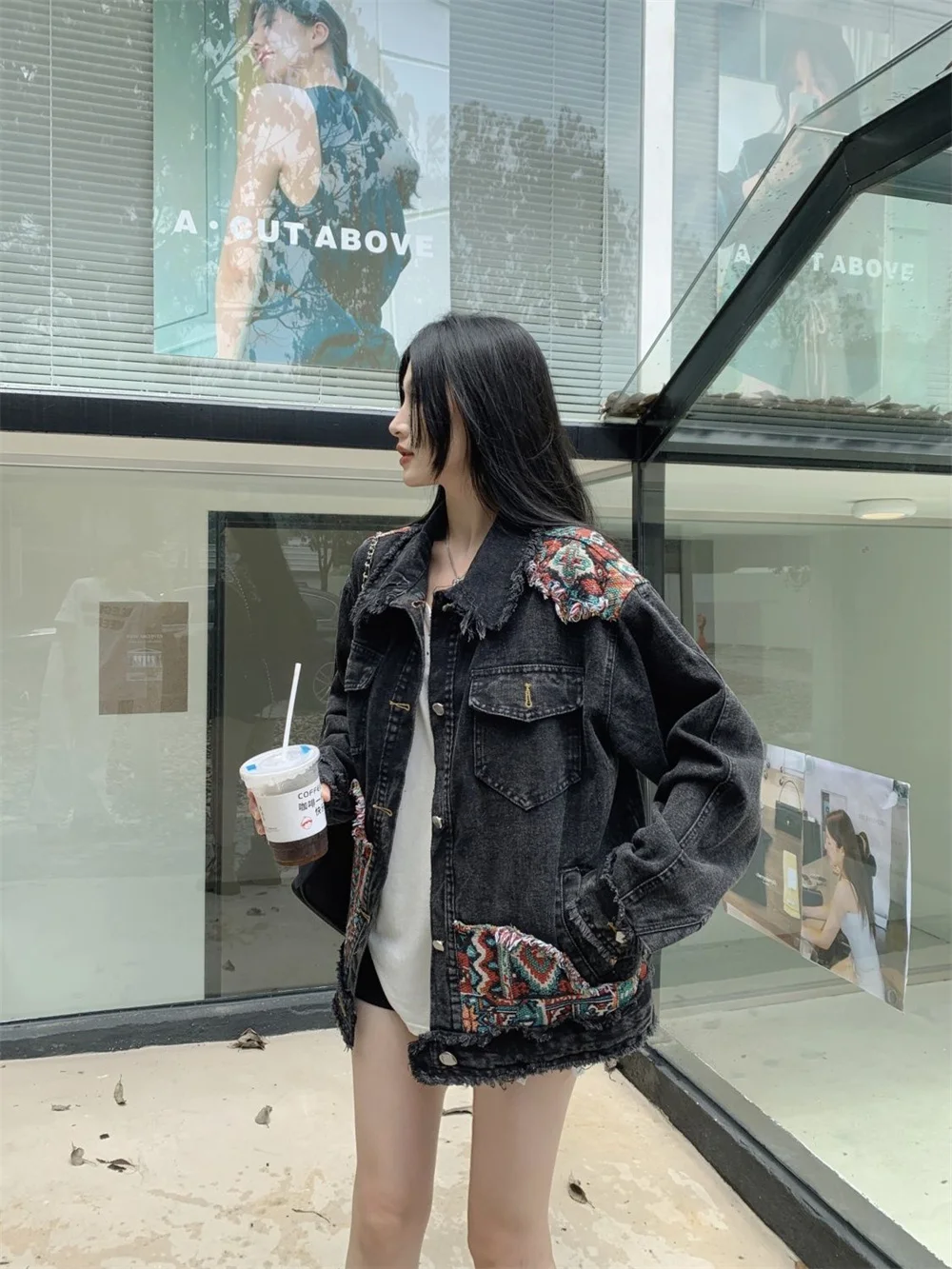 2024 Spring and Autumn New Loose American Retro Ethnic Style Spliced Washed Denim Coat Men's and Women's Fashion Coat