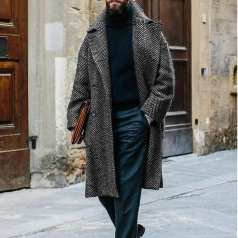 Men's Herringbone Coat Mid-length Double-breasted Coat French Style Street Casual Charm Men's Single Customizable Clothing