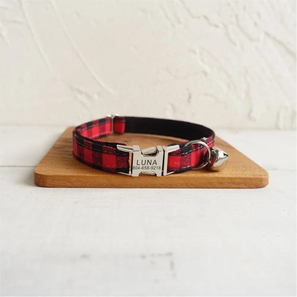 Personalized Cat Collar Customized Nameplate ID Metal Buckle Adjustable Red Black Plaid Cat Collars with Bell