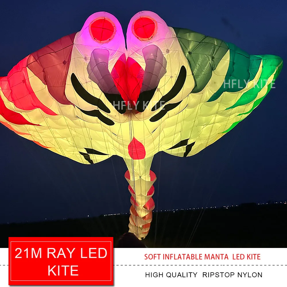 HFLY 21m LED Ray Kite for Adults High Quality Soft Inflatable Luminous Manta lifter kite Nylon Show Devil Fish Kites