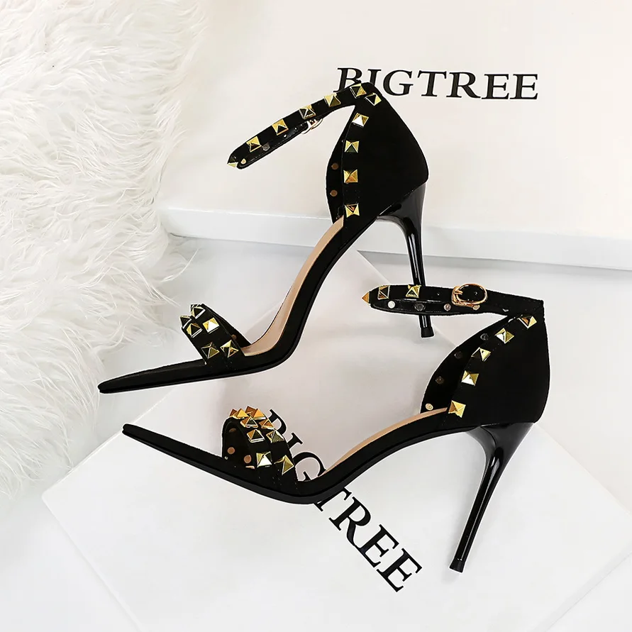 Sexy High Heels Sandals Women Rivet Buckle Strap Open Toe Modern Sandals Thin Heel Solid Lady Shoes Sandalias Femininas Sandal