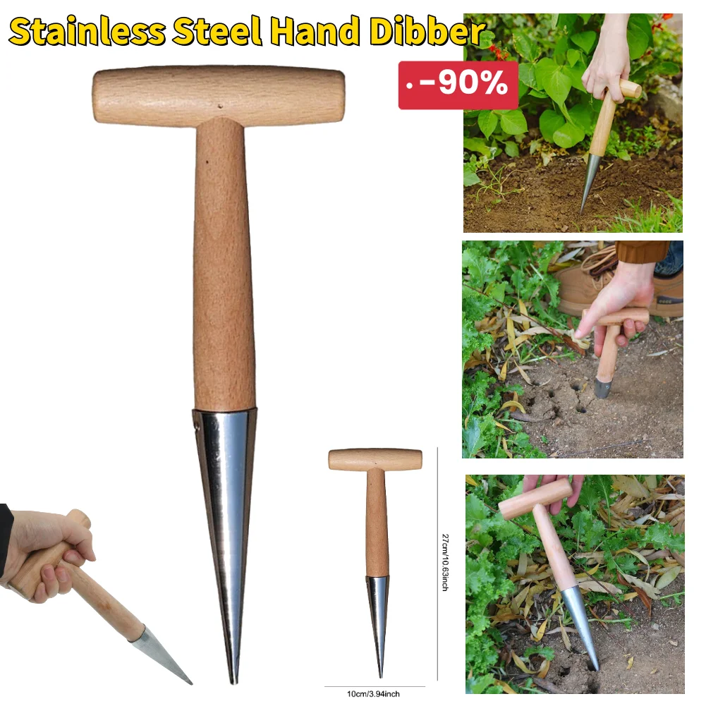 1pc Hand Dibber Garden Tool Stainless Steel Sow Dibbler With Wood Handle For Sowing Seeds Transplanting Plants Planting Bulb Dig