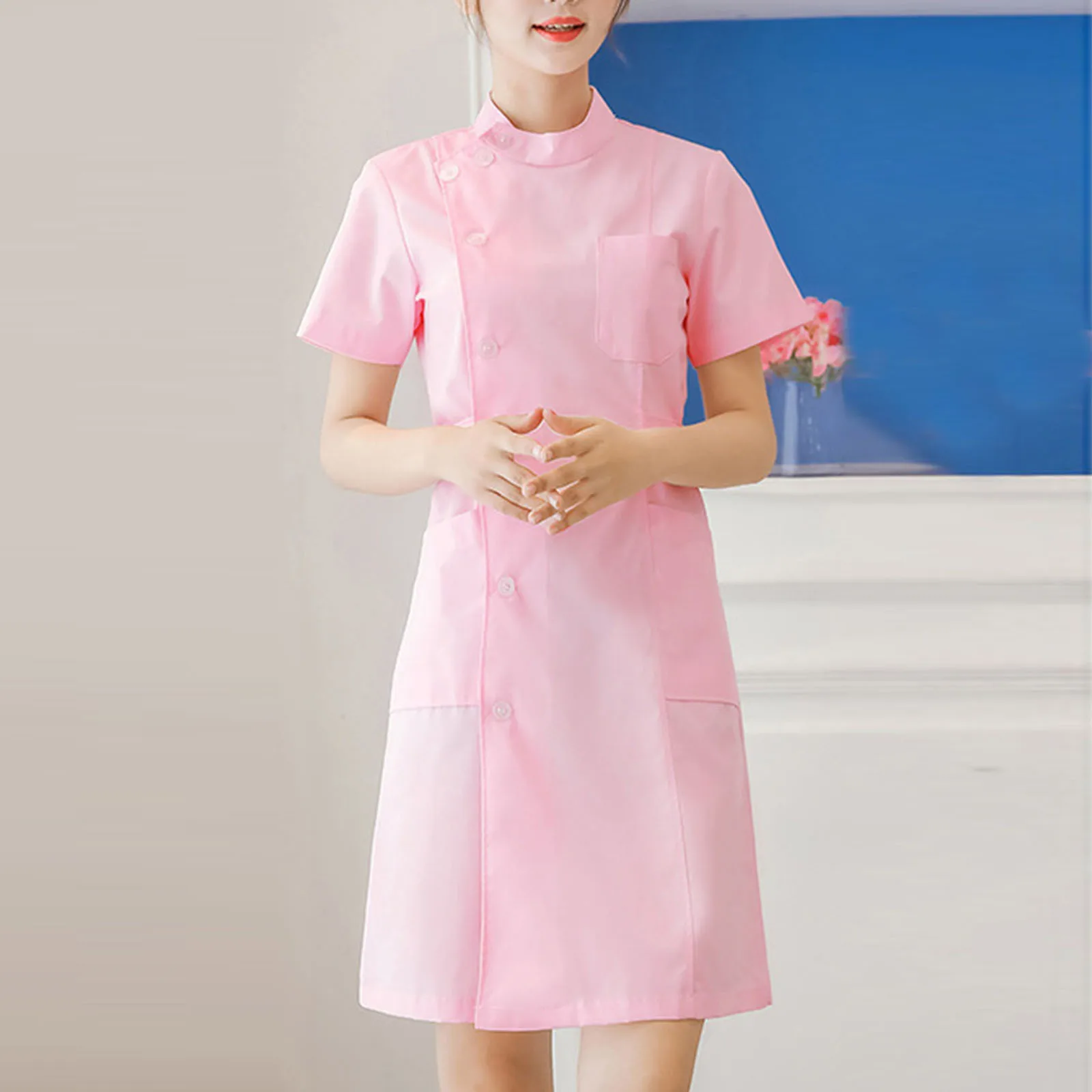Women Nurse Dress Working Uniform Workwear Healthcare Gown Solid Color Short Sleeve Scrub Dresses Uniformes White Blue Pink