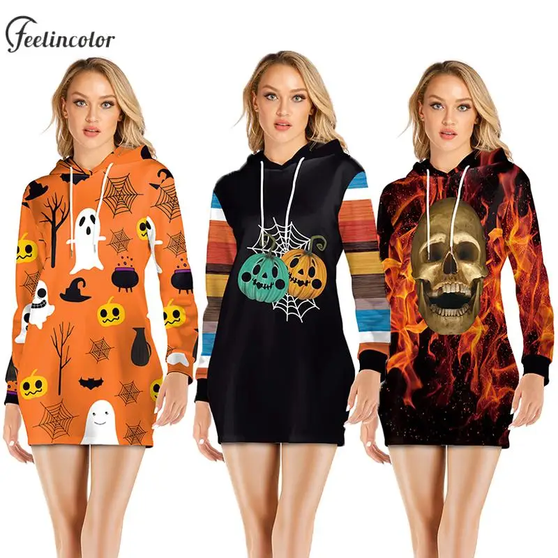 Halloween Women Hoodie Skull Pumpkin Ghost Print Sweatshirt Pullover Dress Up Autumn Fashion Hoodie Full Cover Female Clothes