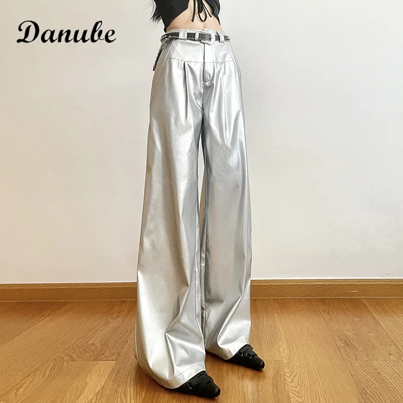 

Fashion Gloss Silver Pu Leather Pants Women Y2k Spring Autumn High Waist Straight Pants Streetwear Casual Pocket Trousers Female