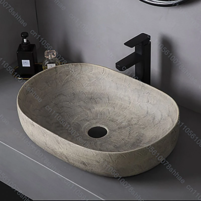 อ่างล้างหน้าเซรามิกทรงวับิซาบิ สีเทาคอนกรีตด้าน สไตล์วินเทจ สำหรับวางบนเคาน์เตอร์ในห้องน้ำ 1