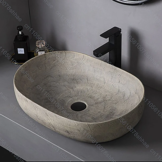 อ่างล้างหน้าเซรามิกทรงวับิซาบิ สีเทาคอนกรีตด้าน สไตล์วินเทจ สำหรับวางบนเคาน์เตอร์ในห้องน้ำ 1