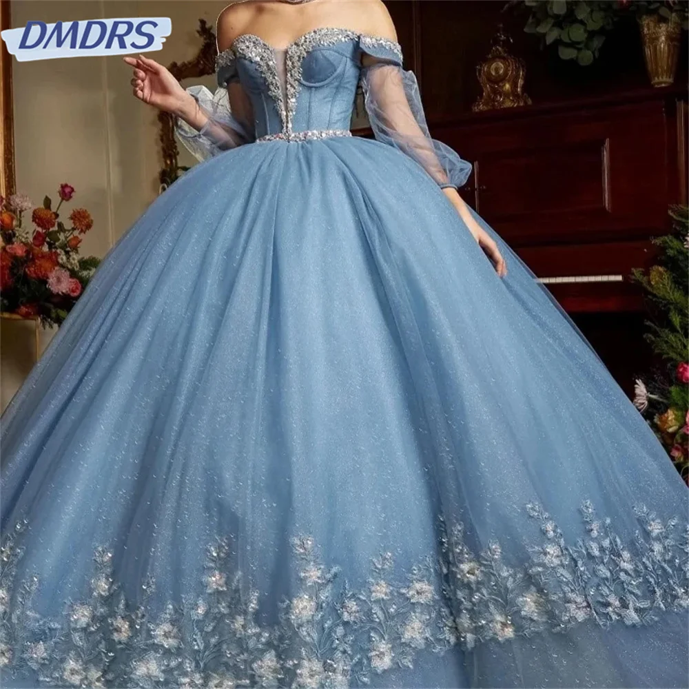 

Sweetheart Sky Blue Shiny Quinceanera Dress Party Gown Princess Lace Appliques Beads Crystal Off The Shoulder For 16 Year