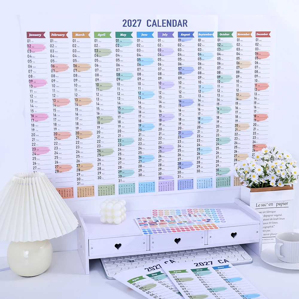 Vibrant 2027 Wall Calendar with Stickers & Memo Sections