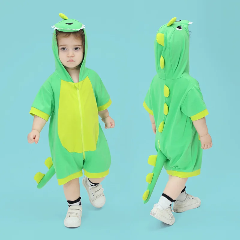 

0-24 Months Baby Clothes Boys Girls Romper Lovely Dinosaur Jumpsuits Summer Cotton Zipper Onesie Animal Funny Outfit Hooded