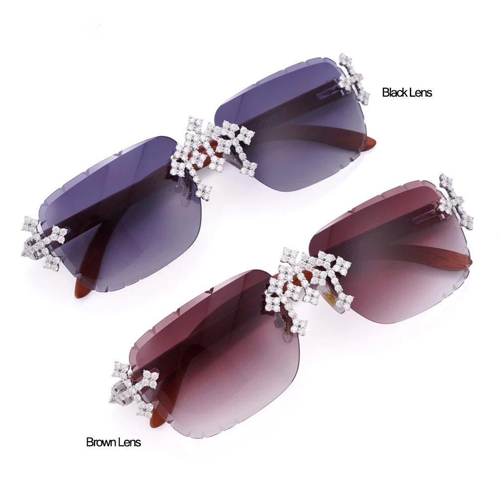Hiphop Punk Iced Out Echte Moissanit Sonnenbrille 925 Sterling Silber Bling Lab Diamond Brillen Holzrahmen Pass Tester – Detail 1