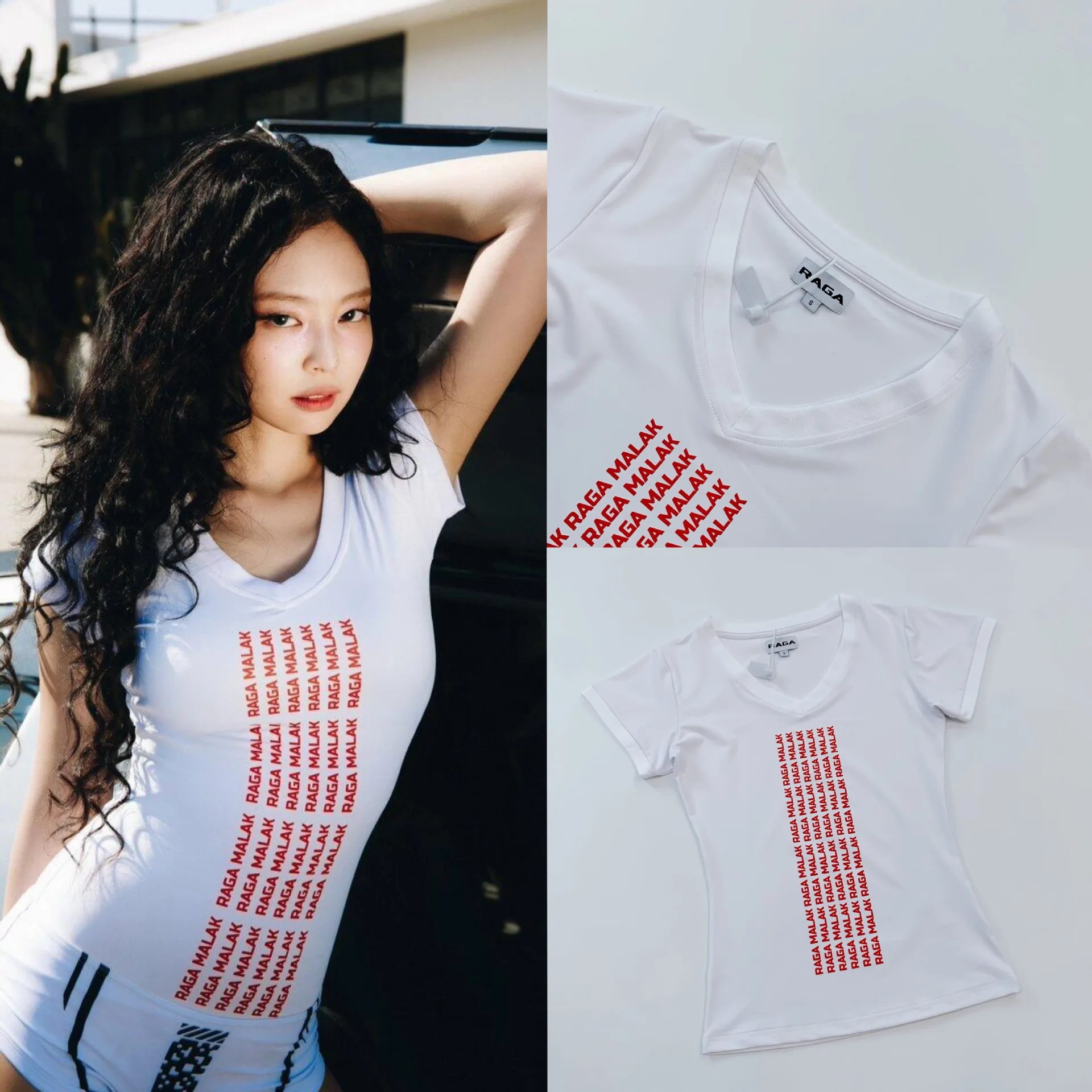 Jennie着用　RAGA MALAK V neck top Raga white V-neck tight T-shirt Jennie kim with red logo