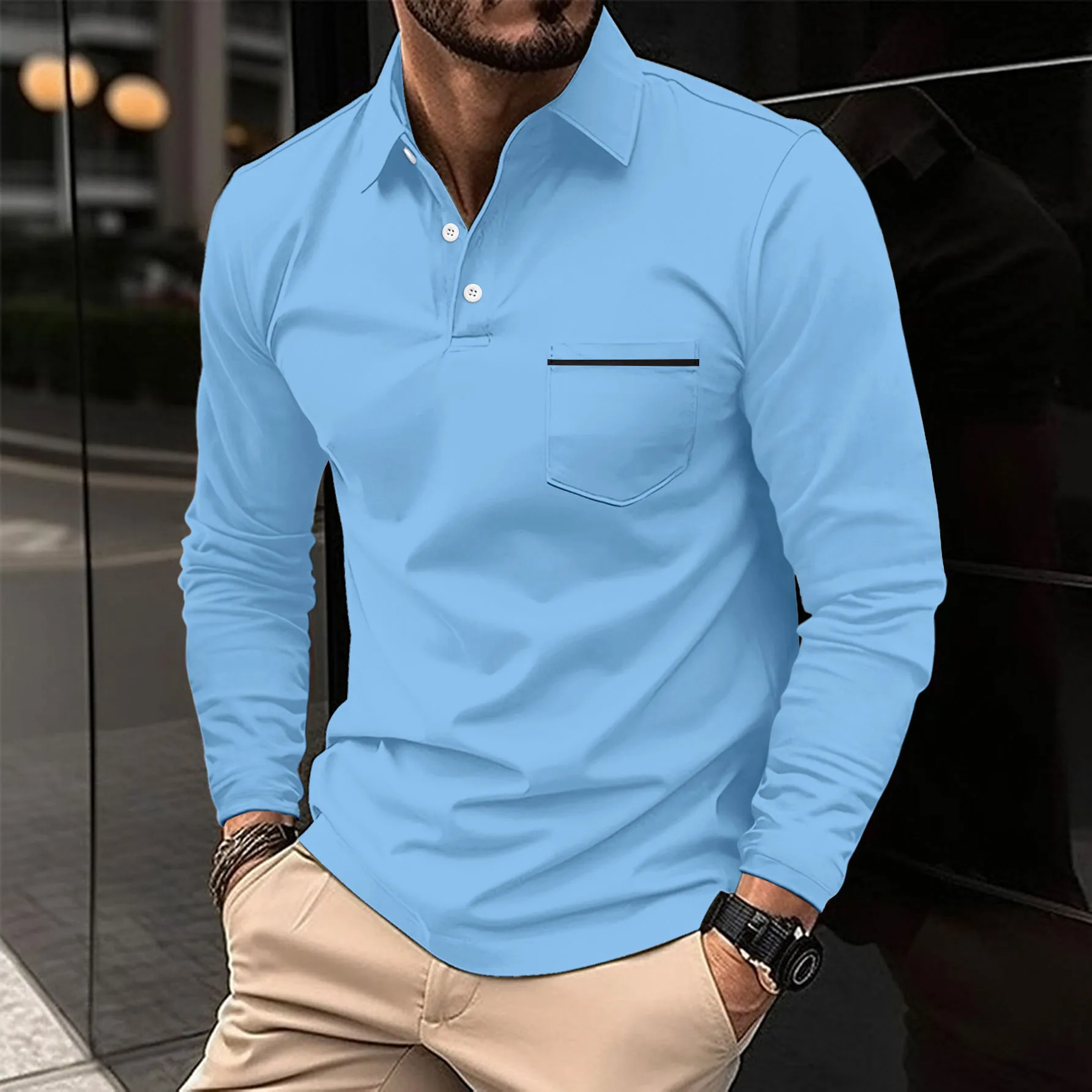 Spring Autumn Men's Business Casual Pocket Polo Long Sleeve T-shirt Comfortable and Breathable Solid Top 2024 New images - 6