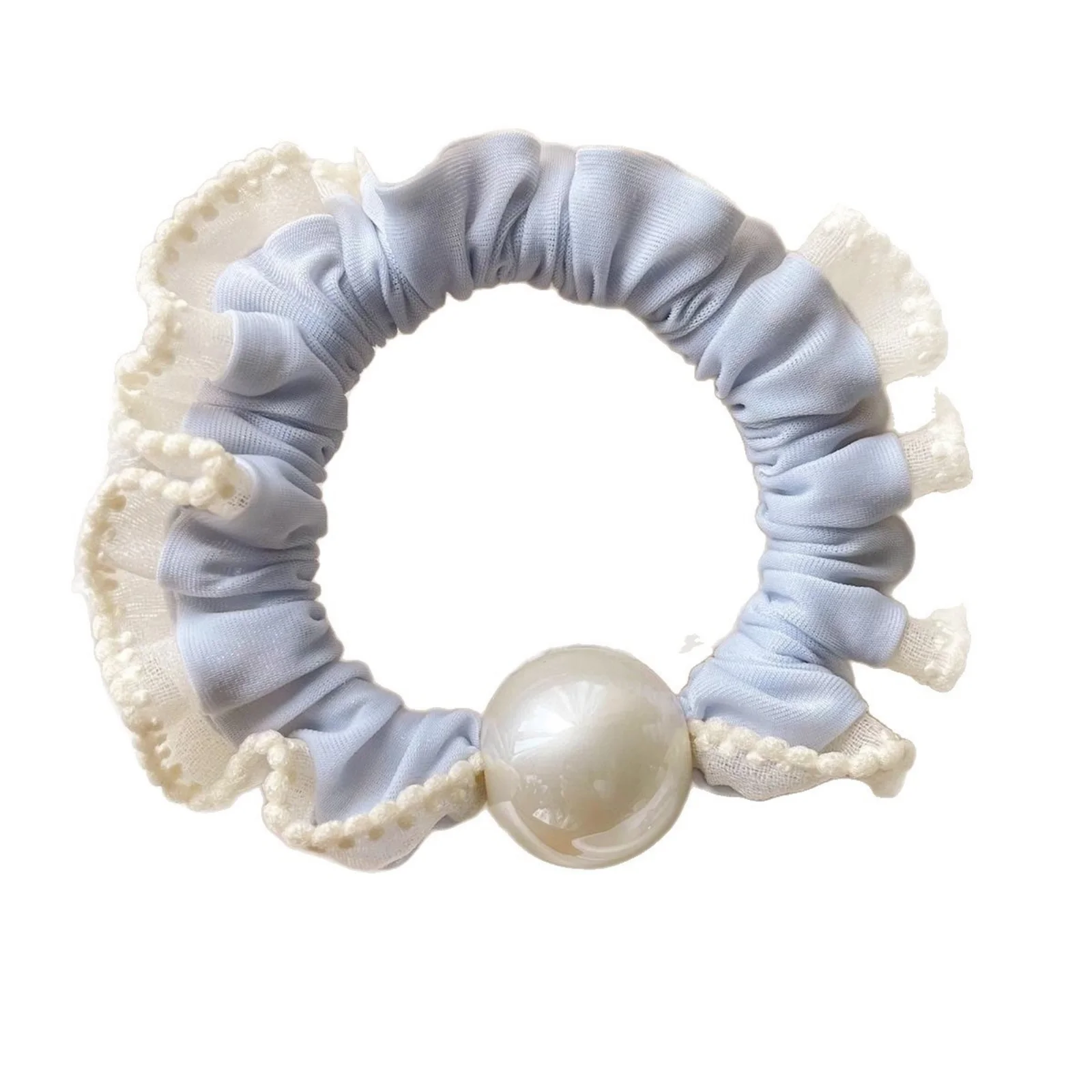 1PC Light Blue Pearl & Lace Hair Scrunchies Set, Ruffled Hair Ties, Stylish Hair Accessories for Women's Charming Looks
