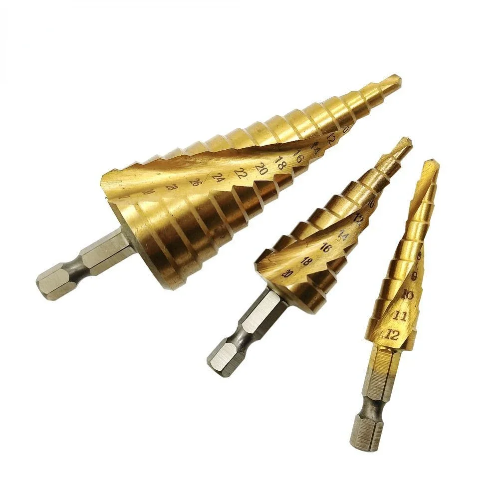 3Pcs HSS Spiral Groove twise Step Cone Drill Bit Set Flute Pagoda Metal Hole Cutter Titanium Coated Wood Drill 4-12/20/32mm