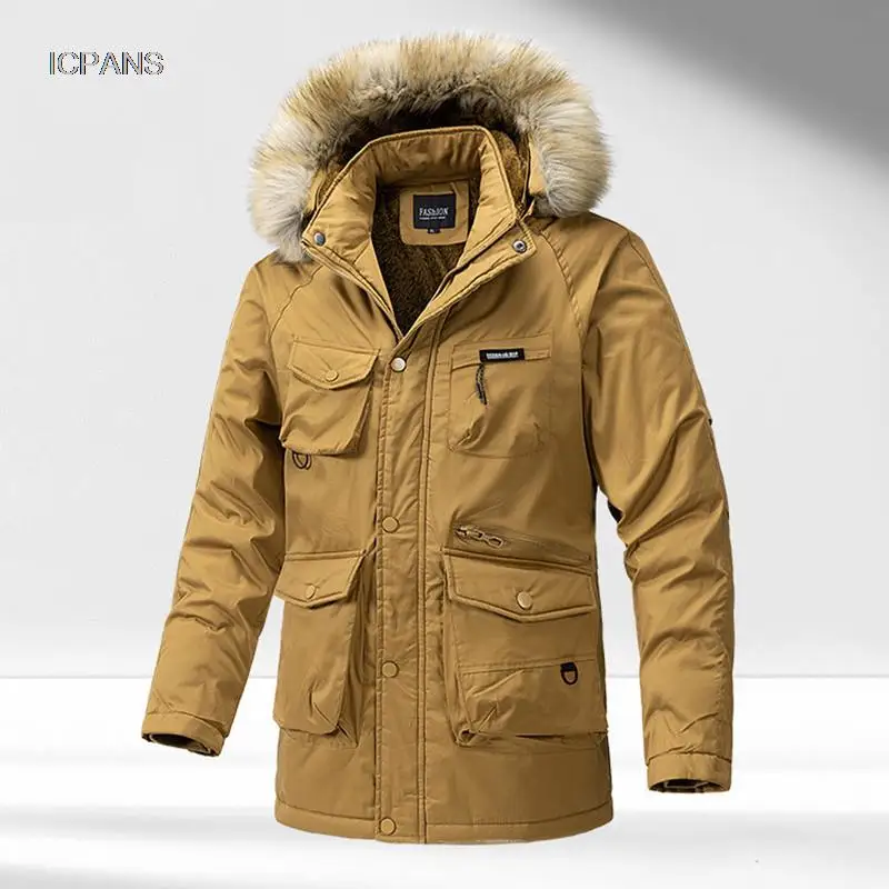 

Warm Winter Jackets Wool Thicken Khaki Black Cargo Parka Coat Men With Fur Clothes 2023 Mens Winter Hoodies Jackets Regular