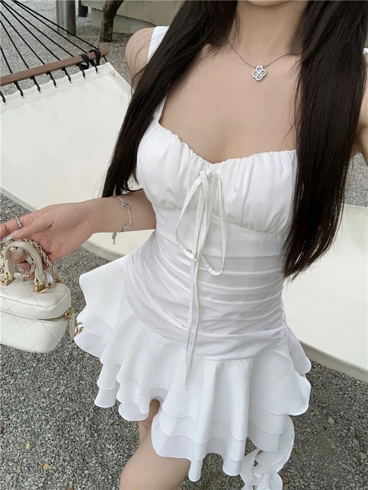 Summer New Holiday Beach Style Short Dresses for Women Spaghetti Strap Ruffles A-line Birthday Party Dress Korean Chic Vestidos