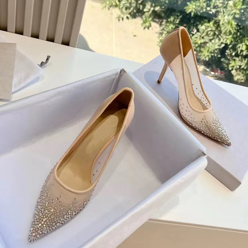 2024 Summer New Brand Fashion Sequined Mesh Women Pumps Elegant Pointed toe Rhinestones Stiletto High heels Wedding Bridal Shoes 6