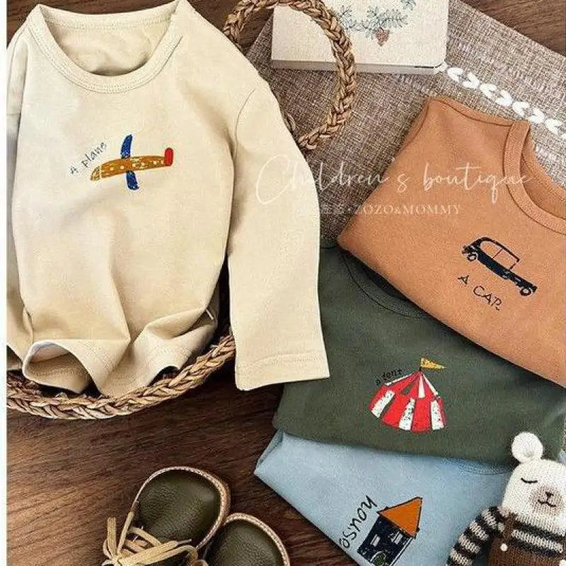 Autumn Base Shirt Fashion Casual New Style Round Neck Tops 1-6Age Kids Printing Tops Toddler Simple Loose Long Sleeve TShirt 1