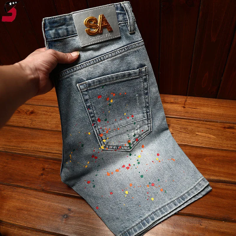 Paint broken hole design denim shorts men's summer2024new elastic slim-fit trendy fashionable youth fifth pants