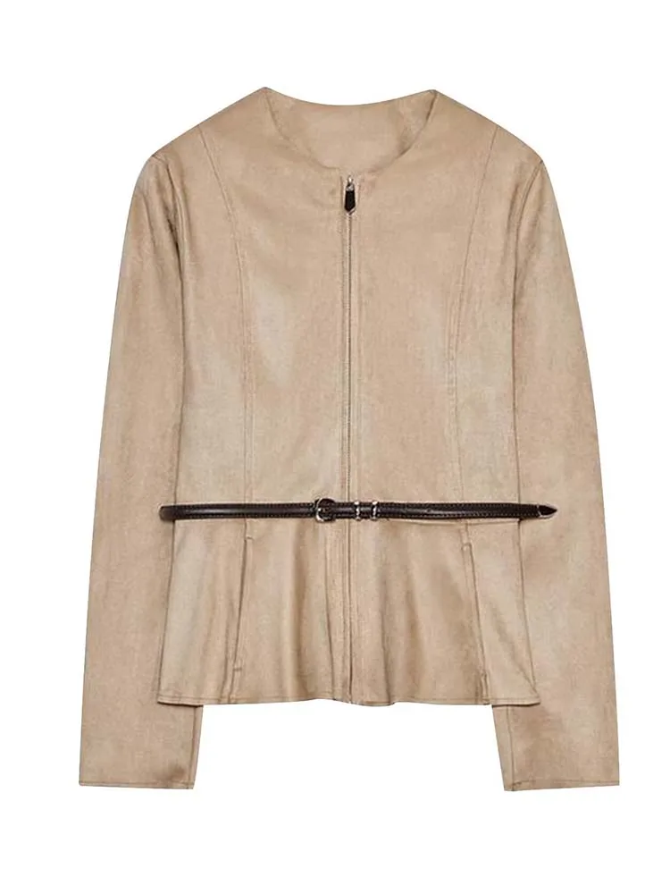 Women Vintage suede Jacket 2025 Autumn New Fashion O-Neck Long Sleeve With Belt Coat  Female High Street Long Sleeve New Jackets