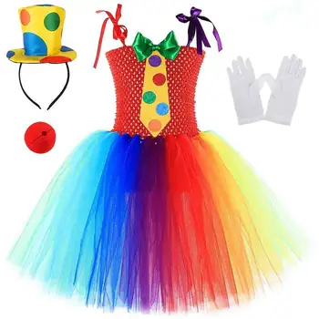 Costumi da clown arcobaleno per bambini per ragazze Vestito da tutù di Halloween da clown divertente in tulle multicolore Vestito da circo per bambini Tutù