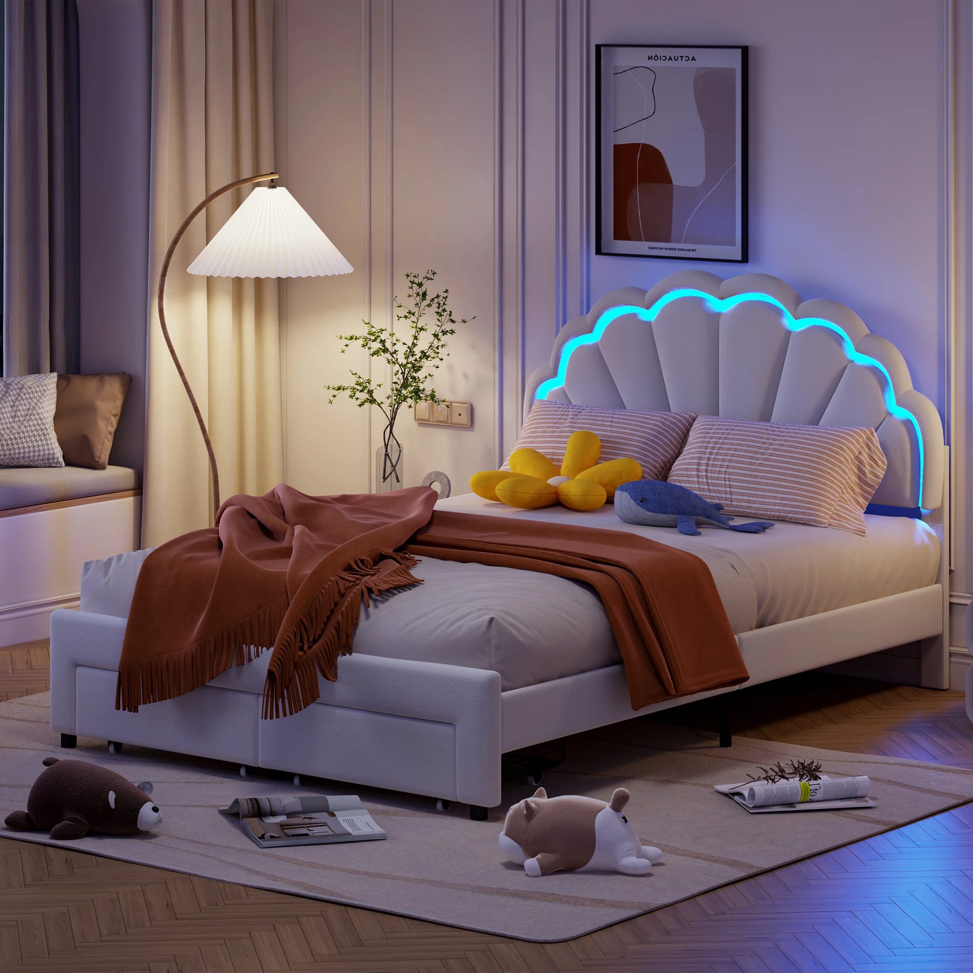 Rosahqnda gepolsterter Bettrahmen mit blumenförmigem Kopfteil, Bettrahmen, Einzelbett, Blütenblattbett, Jugendbett für Jungen und Mädchen – Detail 8