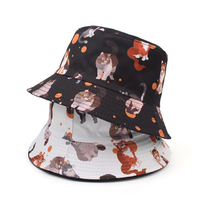 Bocca Cartoon Cat Bucket Hat Cute Animal Printing Pattern Fisherman Hats Double Sides Panama Cap For Men Women Outdo
