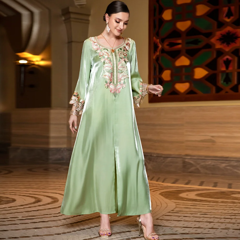 Abaya For Women V-neck Long Sleeves Print Long Dress  Mint Green Golden Cotton Spliced Lace Embroidery Dress Women Clothing