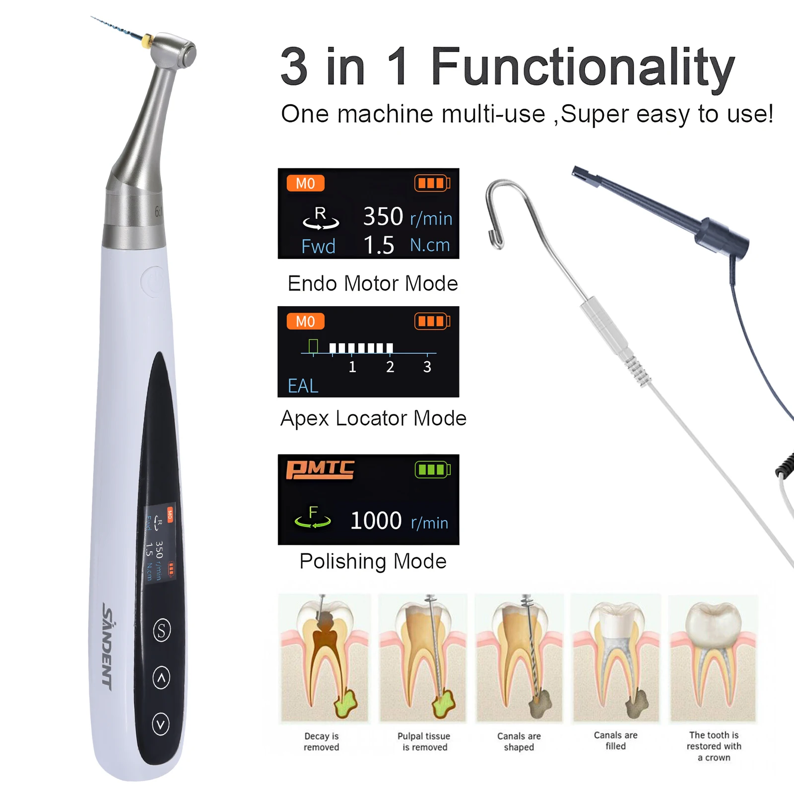 Dental Brushless 3 in 1 Endo Motor Built-in Apex Locator Cordless Polishing 16:1 Contra Angle Multifunction Dentist Tools