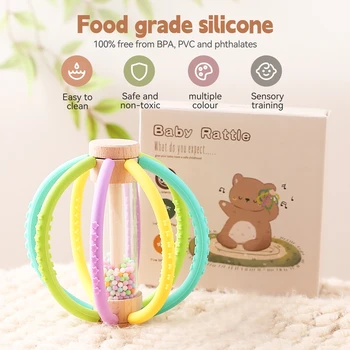 Baby Rattle Toy Wooden Rain Drum With Silicone Baby Sensory Touch Toy Newborn Dental Care Gum Anti-eating Hand ​Molar Stick Gif 2