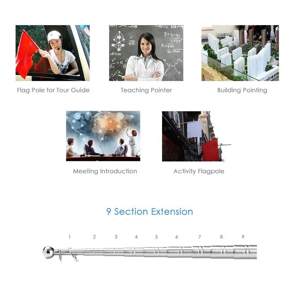 Description Picture 6 of itemFlexible Handle Flagpole Telescopic Stainless Steel Tour Guide Banner Flagstaff Teaching Stick Teacher Pointer Hand Flagpole