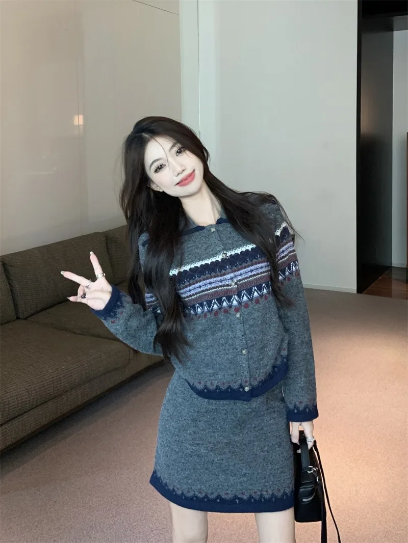 용수철 자카드 니트 가디건, 하이웨이스트 미니 스커트, 2 피스 세트, 세트 여성 패션 의류, 스위트 핫 걸 레트로