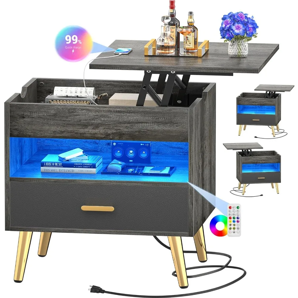 

Cyclysio 35 Inches Nightstand with Reversible Lift Top, Large Night Stand with LED Lights, Tall Bedside Table with Charging