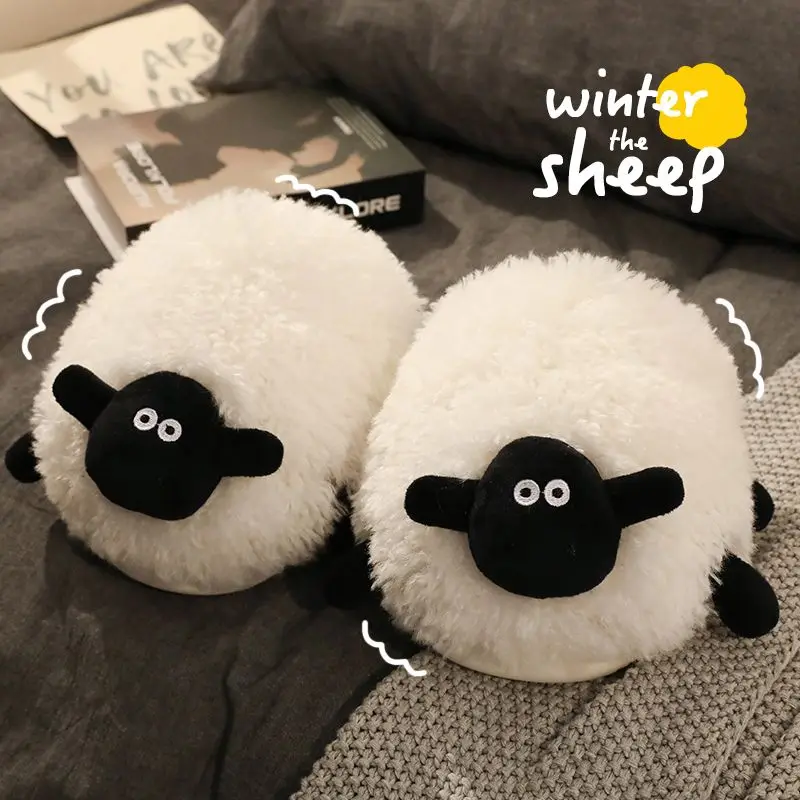 

Funny slippers girls Winter beige white sheep slippers flurry slides women floor Home Warm non slip women Slippers 2024 new