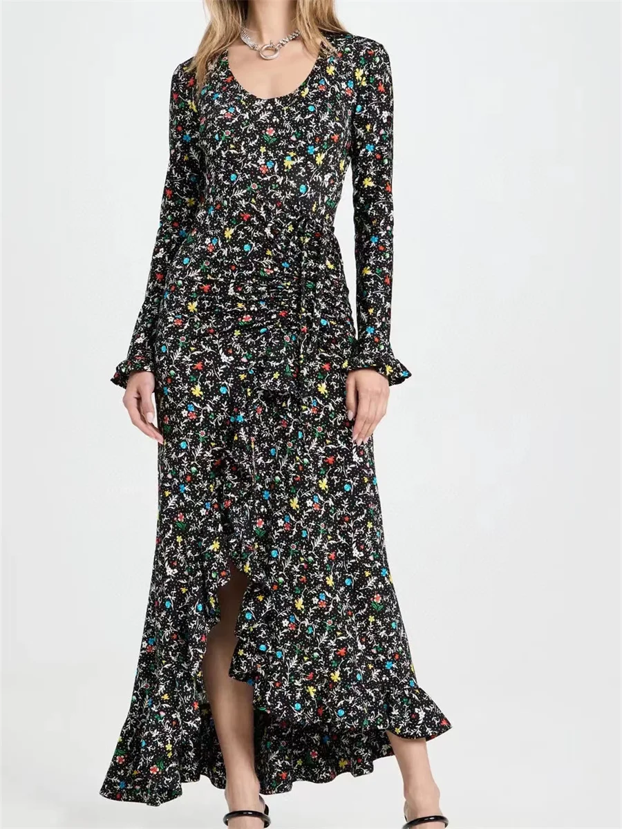 

Women's printed ruffle hem dress, fall 2023 women's dresses, women's elegant dresses, high quality women's maxi dresses, traf