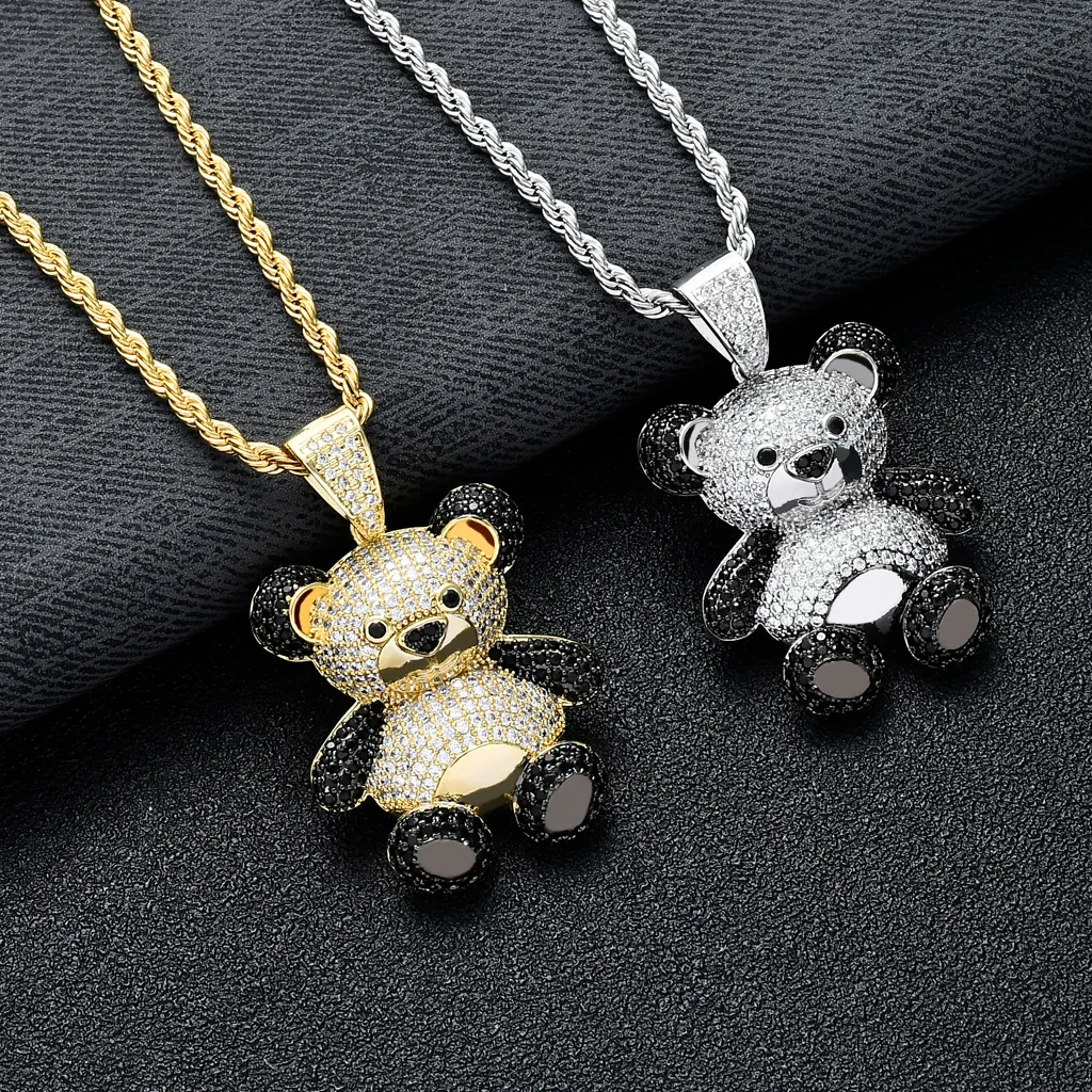 

Cute Cartoon Panda Hip Hop Gilded Iced Out Cubic Zircon Copper Pendant Necklace 24'' Chain Fashion Charms Jewelry