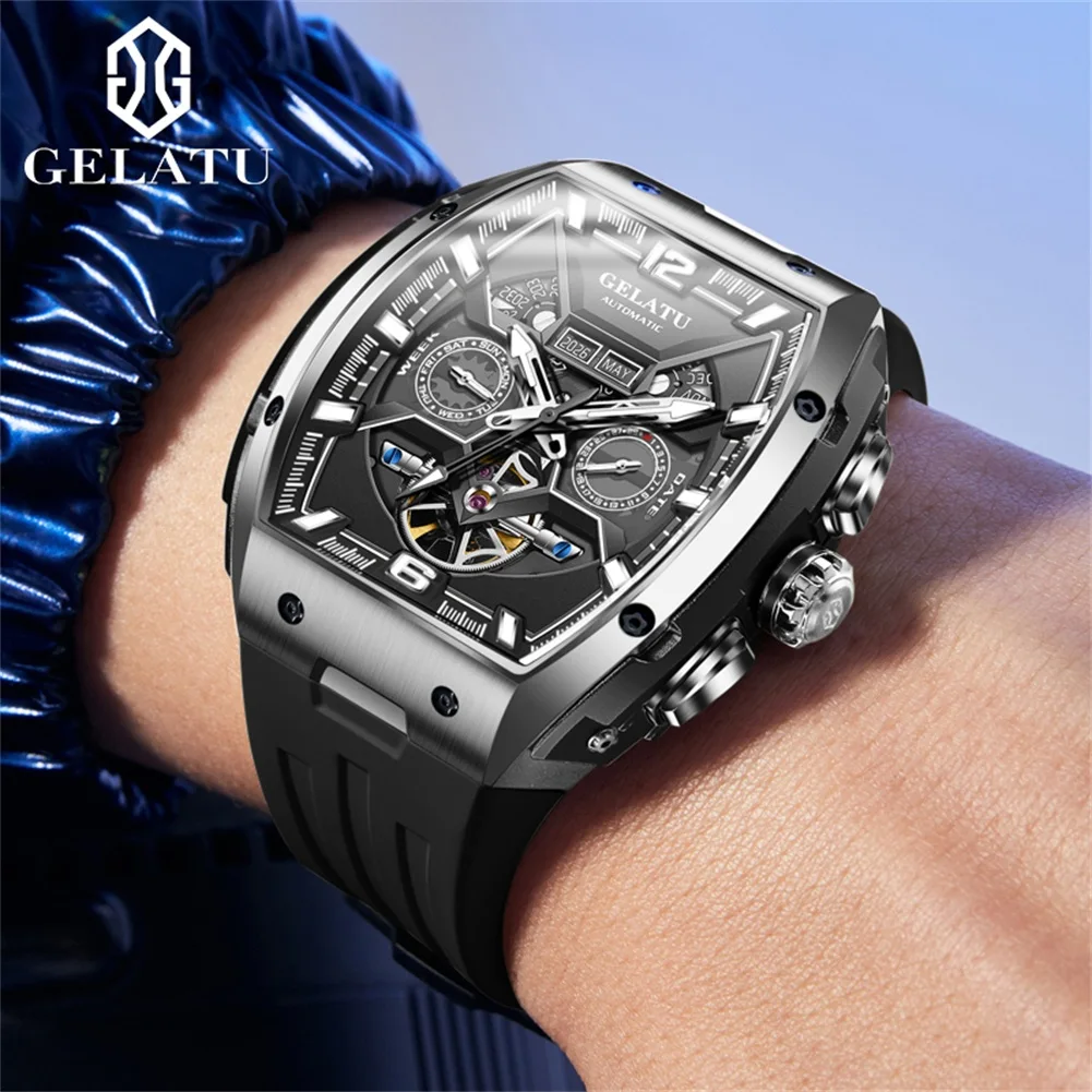 GELATU 6013 Watch For Men Original Fashion Big Dial Hollow Automatic Wristwatch Silicone Strap Deep Waterproof Mechanical Watch