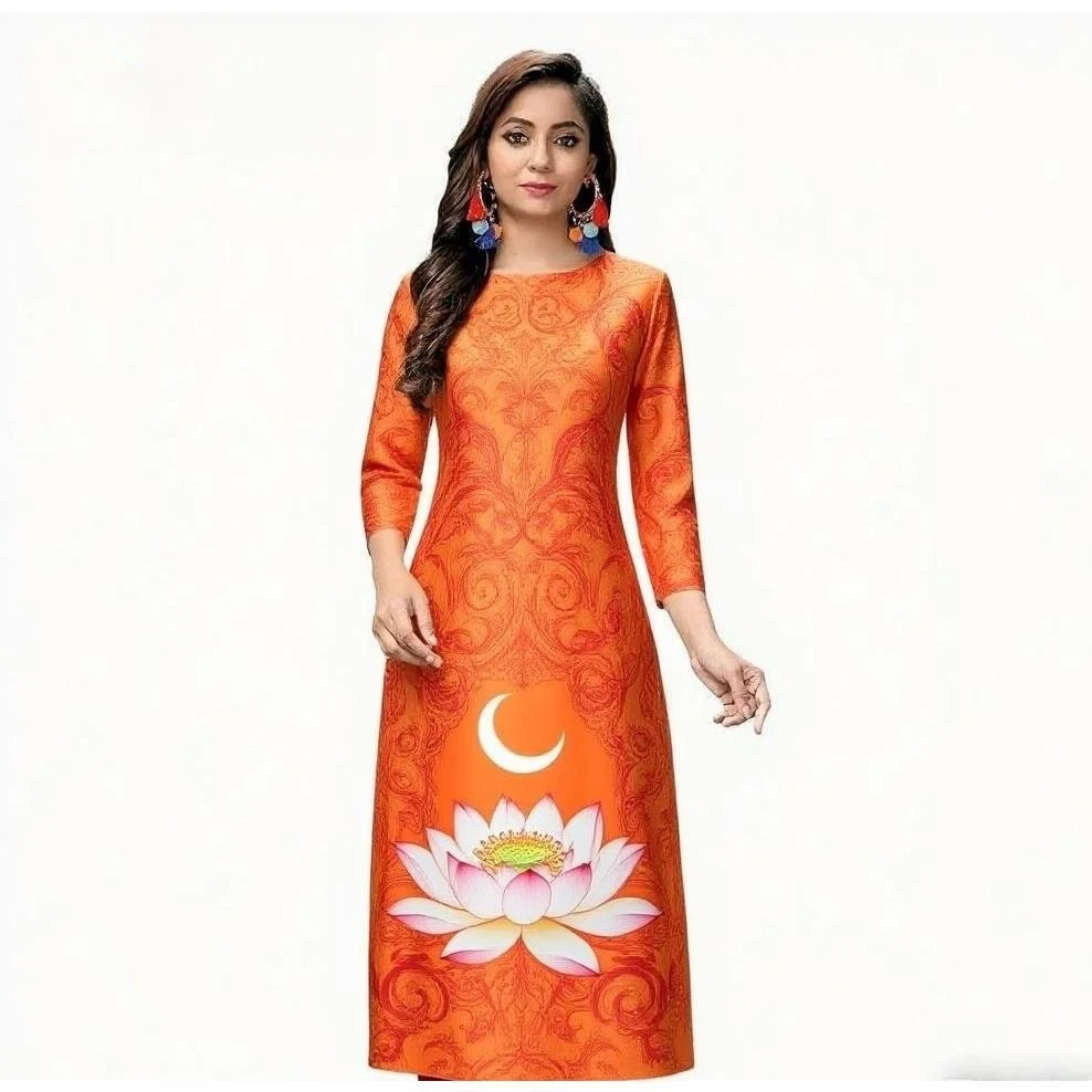 National style Muslim Women Kurtta Casual Dress Slit hem Straight Casual Ethnic Mandarin 3D Design Suitable Caftan Femme