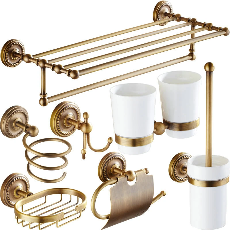 Antique Brass Acessórios do Banheiro Conjunto de Hardware Barra de Toalha Rack do Trilho Suporte do Papel Higiênico Escova do Vaso Sanitário Chuveiro Saboneteira