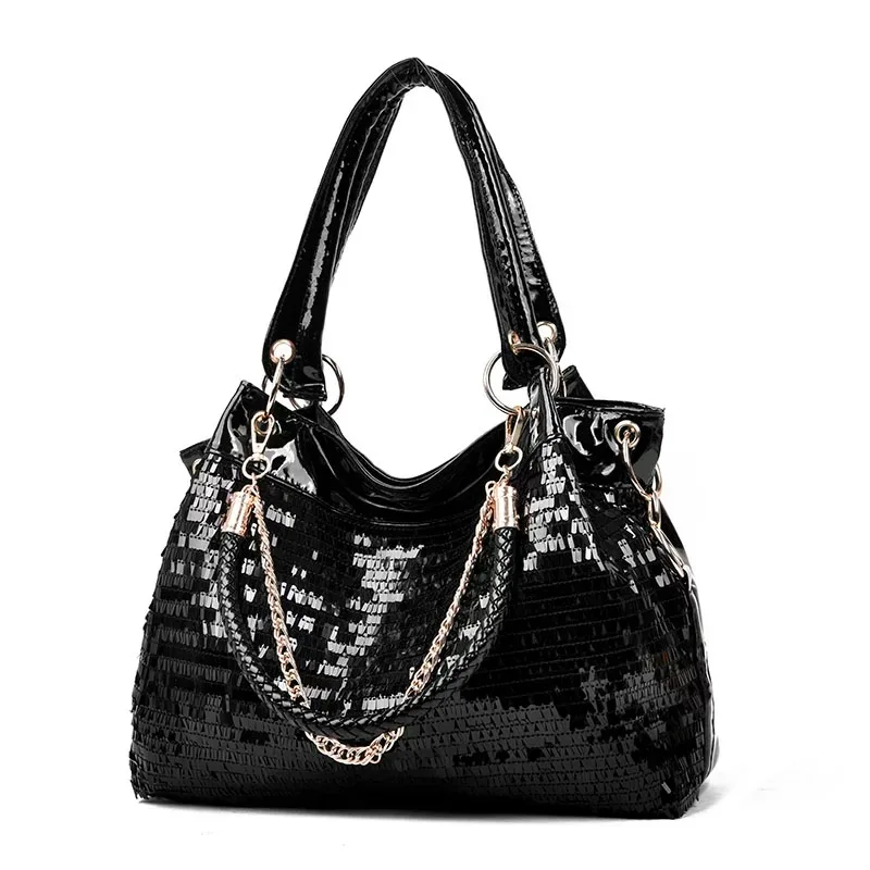 Luxury Bag Women's Brand Shoulder Bag Lacquer Leather Sequin Chain Large Capacity Handbag High Texture Leisure Fashion Tote Bag