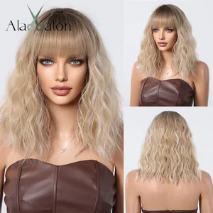 ALAN EATON Shoulder Length Blonde Synthetic Wigs with Bangs Ombre Blonde Highlight Wig for Women Curly Daily Wig Heat Resistant