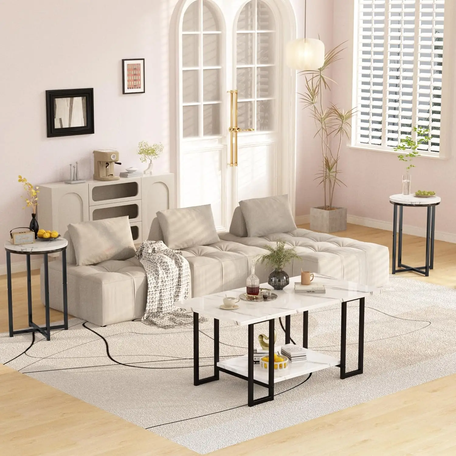 3 Pieces Living Room Table Set, Faux Marble Coffee Table with 2 Round End Side Tables, Coffee Table Set with Metal Frame 2